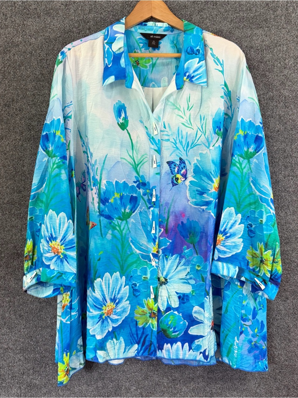 Ali Miles Womens 2X Top Floral Butterfly Blue Button Front 3/4 Sleeve Shirt Blou